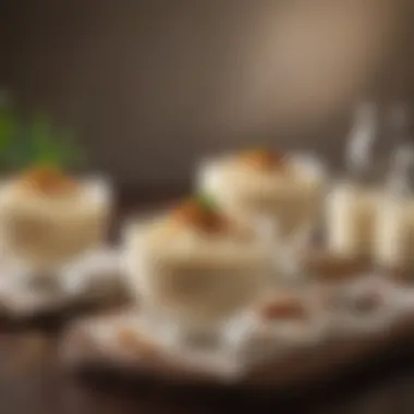 Elegant Rice Pudding Display A rich and flavorful rice pudding displayed in elegant glassware.