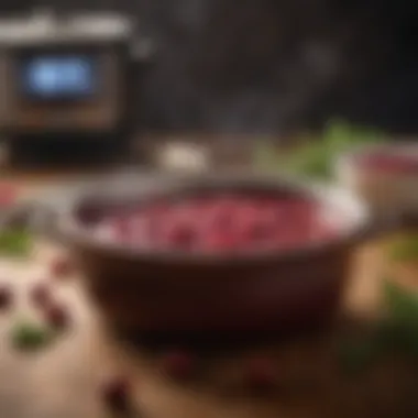 A pot simmering with cranberry sauce ingredients