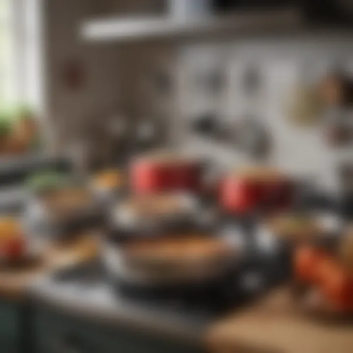 Assorted pots and pans set arranged elegantly in a kitchen.