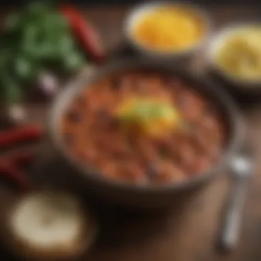 Rustic Chili Presentation Chili served in a rustic dish with garnishes