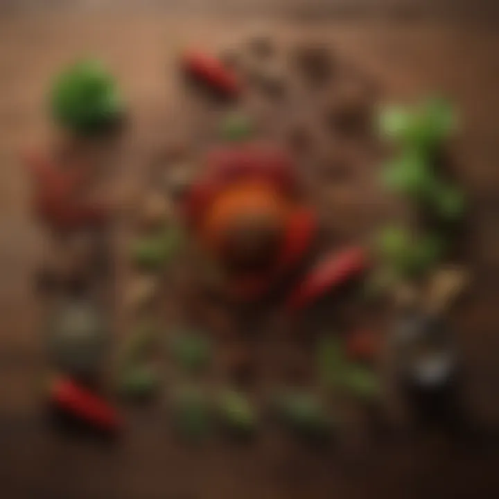 Close-up of chili spices and herbs arranged on a wooden table