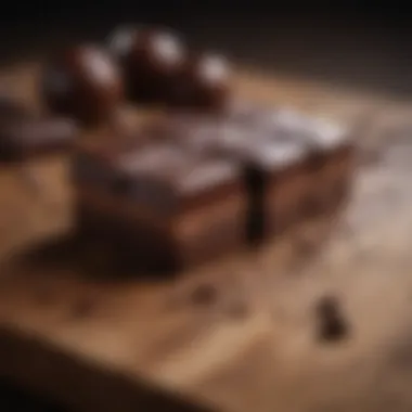 Elegant Dark Chocolate Squares A close-up of dark chocolate squares arranged elegantly on a wooden board.