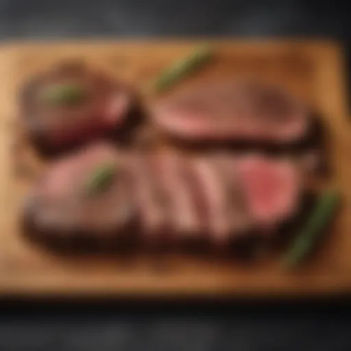 A variety of steak cuts displayed on a wooden board