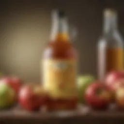 Close-up of apple cider vinegar bottle and fresh apples