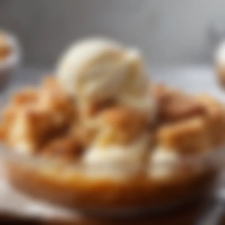 Close-up of a spoonful of apple cobbler topped with ice cream