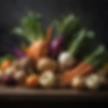 Artful Arrangement of Root Vegetables An elegant display of root vegetables arranged artistically.