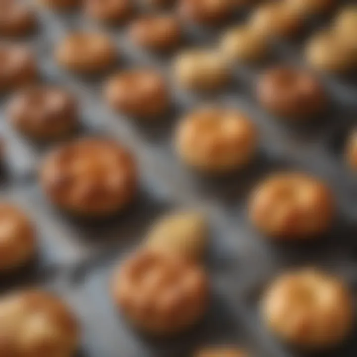 An assortment of baking molds and pans arranged artistically with baked pastries