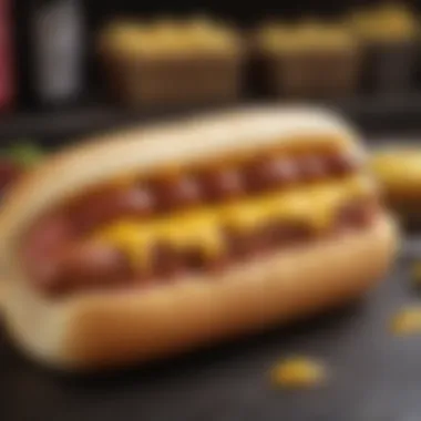 Hot Dog with Bertman Mustard Delicious hot dog topped with Bertman Ballpark Mustard at a bustling ballpark.