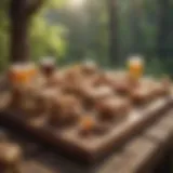 An array of diverse hiking bars on a wooden table surrounded by nature
