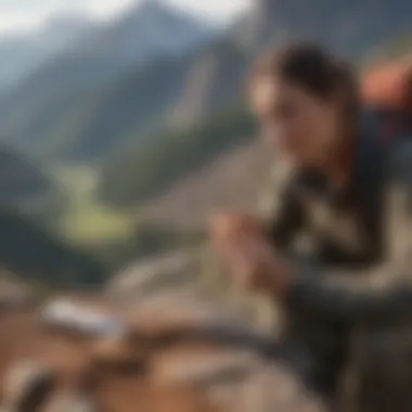 A hiker enjoying a break while savoring a nutrition bar amidst scenic mountains