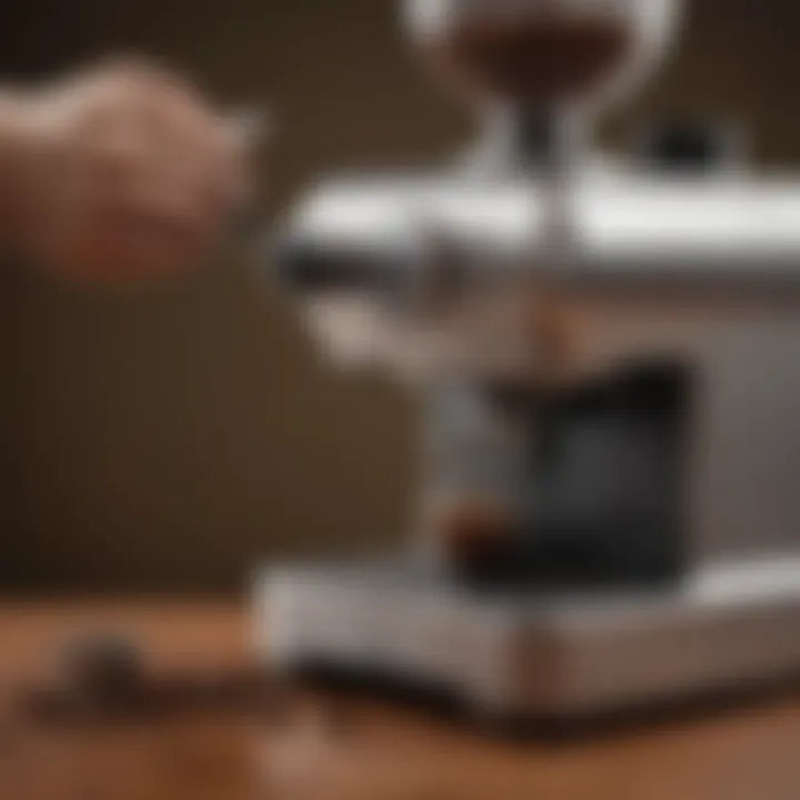 User adjusting grind settings on a coffee grinder