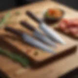 A stylish kitchen knife set displayed on a wooden countertop.