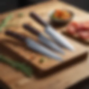 A stylish kitchen knife set displayed on a wooden countertop.