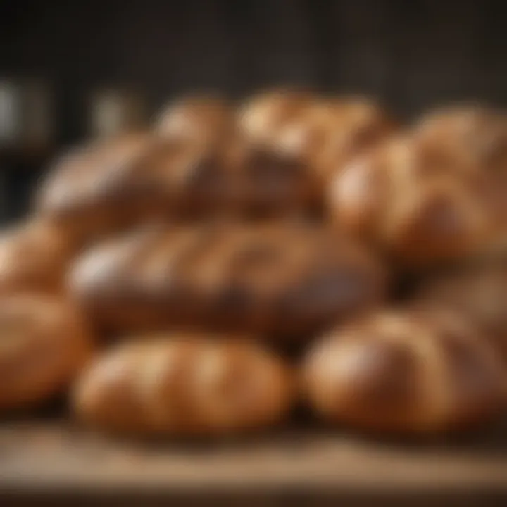A variety of bread types displayed on a kitchen surface