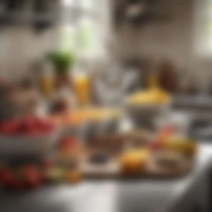 A well-organized kitchen counter featuring breakfast ingredients ready for meal prep