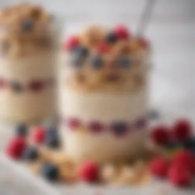 A close-up of overnight oats topped with berries and nuts in a glass jar