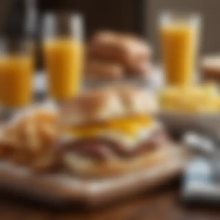 An inviting breakfast table featuring the sausage, egg, and cheese on a roll and beverages