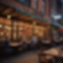 A bustling restaurant scene on Broadway showcasing live music and diners enjoying their meals