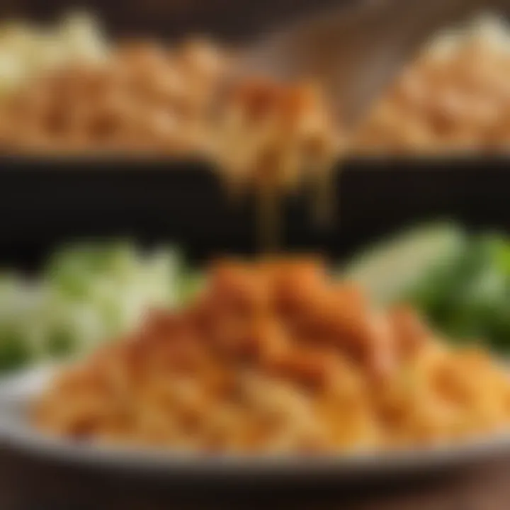 An enticing close-up of Buffalo Mac and Cheese topped with crispy Buffalo chicken