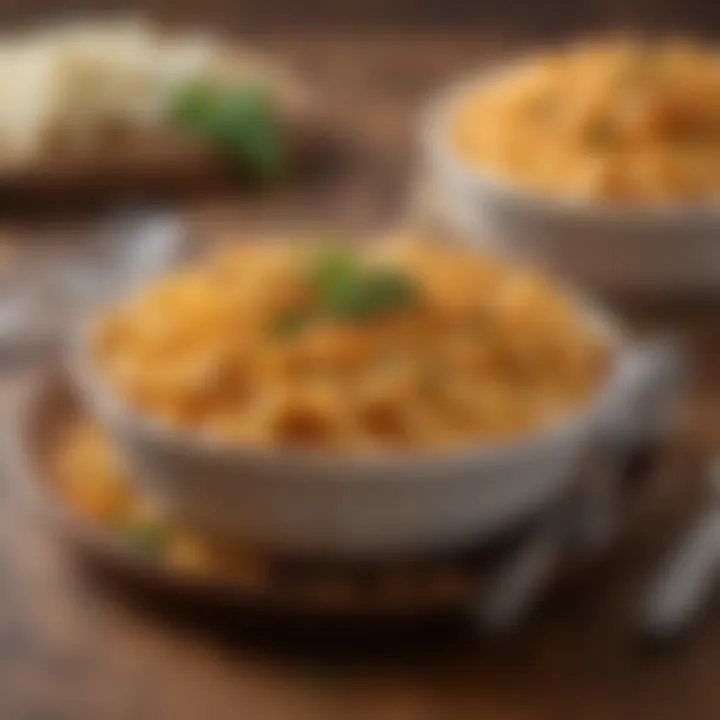 A vibrant presentation of Buffalo Mac and Cheese with a garnish of fresh herbs