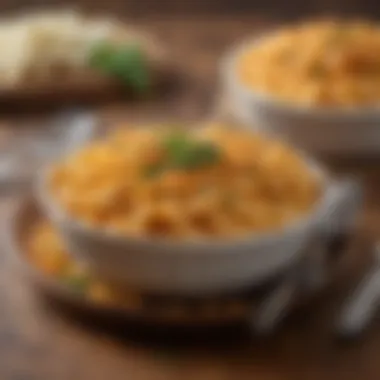 Vibrant Presentation of Buffalo Mac and Cheese A vibrant presentation of Buffalo Mac and Cheese with a garnish of fresh herbs