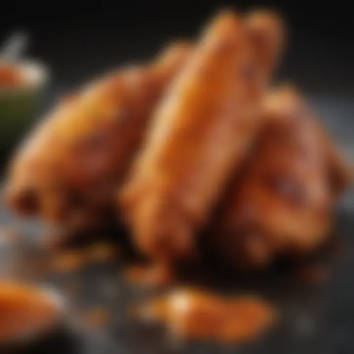 A close-up of a saucy chicken wing glistening with flavor