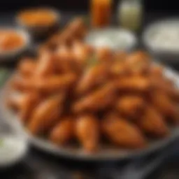 A stunning platter of buffalo wings glistening with sauce