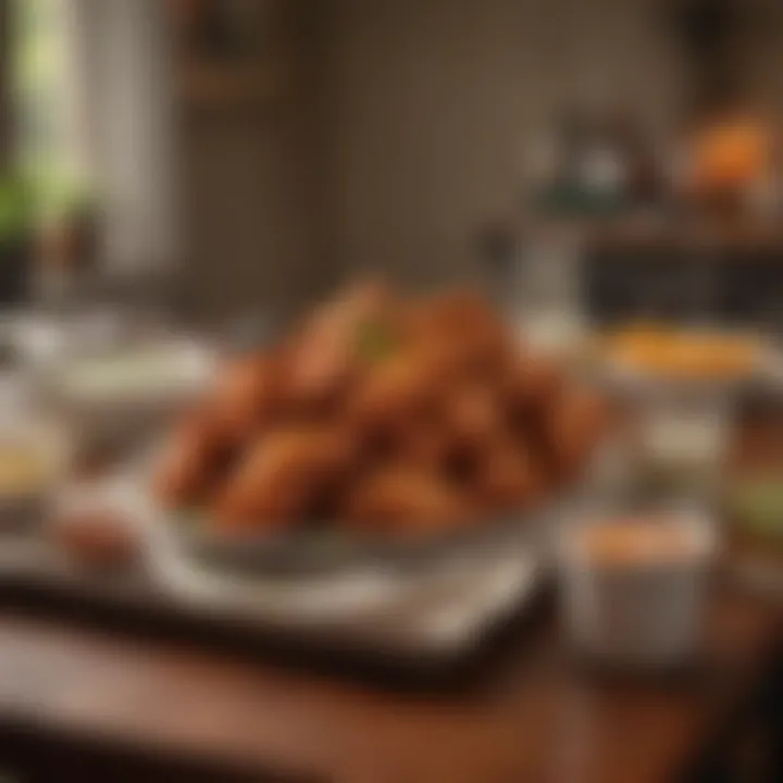 A vibrant table setting featuring buffalo wings and ranch dressing