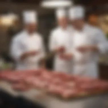 Chefs discussing meat quality in a kitchen setting