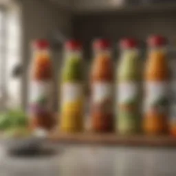 A variety of Japanese salad dressings displayed on a kitchen counter