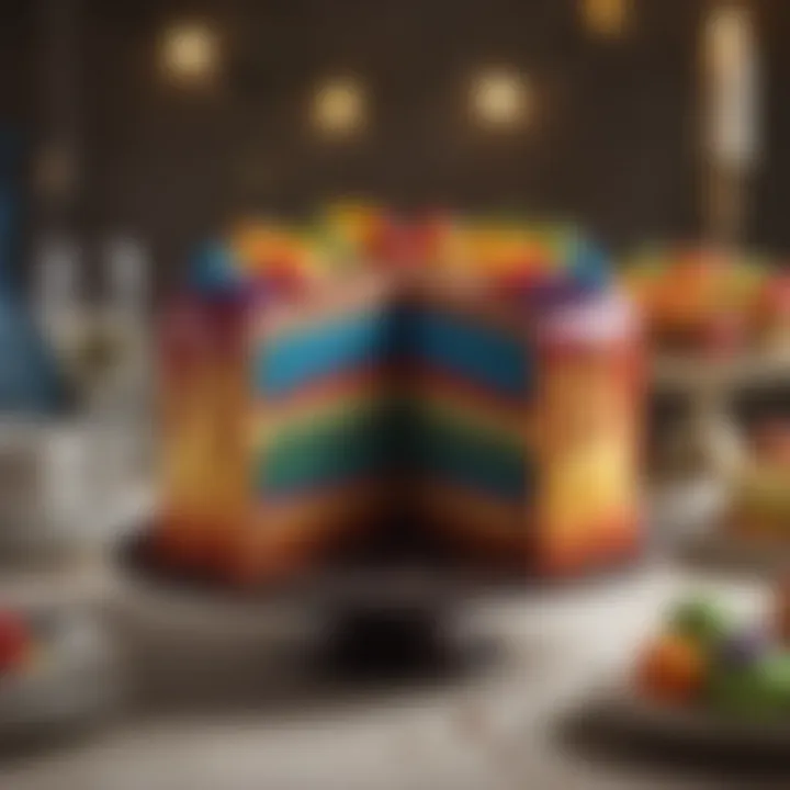 Artistic view of a rainbow cake on a festive table setting