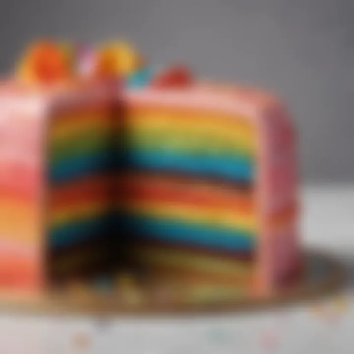 Slice of rainbow cake displaying its rich texture and layers