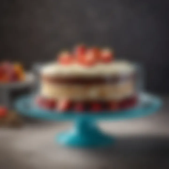 Modern glass cake stand lid showcasing a rich dessert