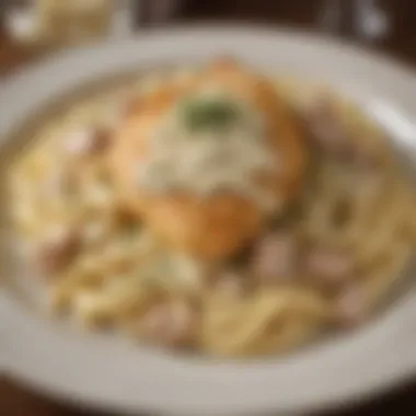 Garnished and Complete Chicken Alfredo Dish Finished Chicken Alfredo plated with garnish