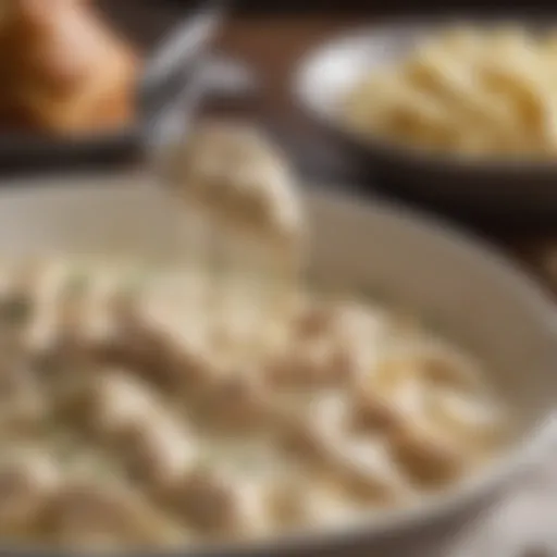 Close-up of rich creamy chicken alfredo sauce in a bowl