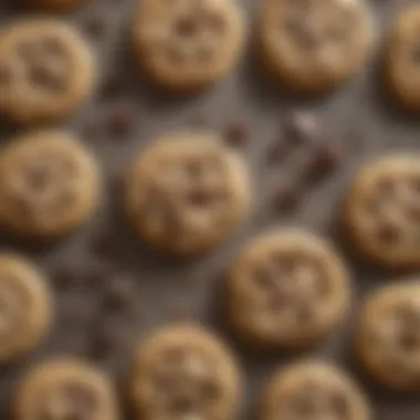 A selection of ingredients laid out for choc chip cookies, including flour, sugar, and chocolate chips