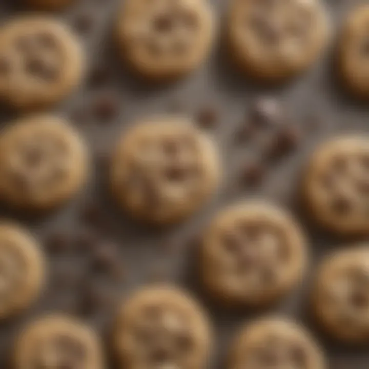 A selection of ingredients laid out for choc chip cookies, including flour, sugar, and chocolate chips