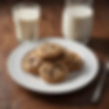 Choc Chip Cookies Served with Milk A beautifully styled plate of choc chip cookies served with a glass of milk