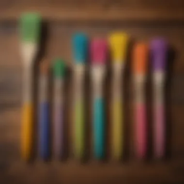 Colorful Pastry Brushes and Spatulas A set of pastry brushes and spatulas in vibrant colors displayed on a rustic wooden table