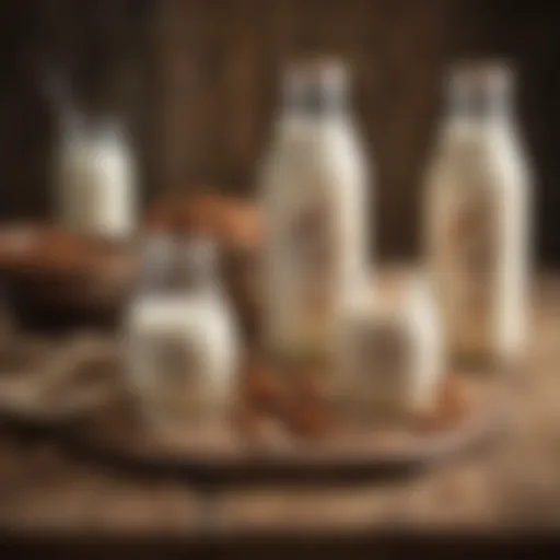 A variety of almond milk products displayed on a rustic wooden table.