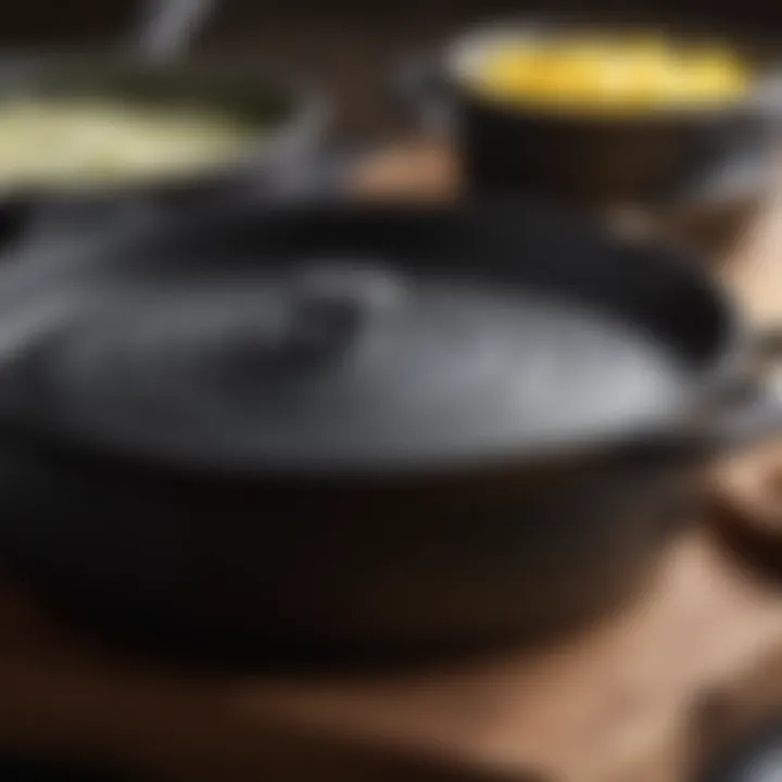 A close-up view of the textured surface of cast iron cookware highlighting its durability.