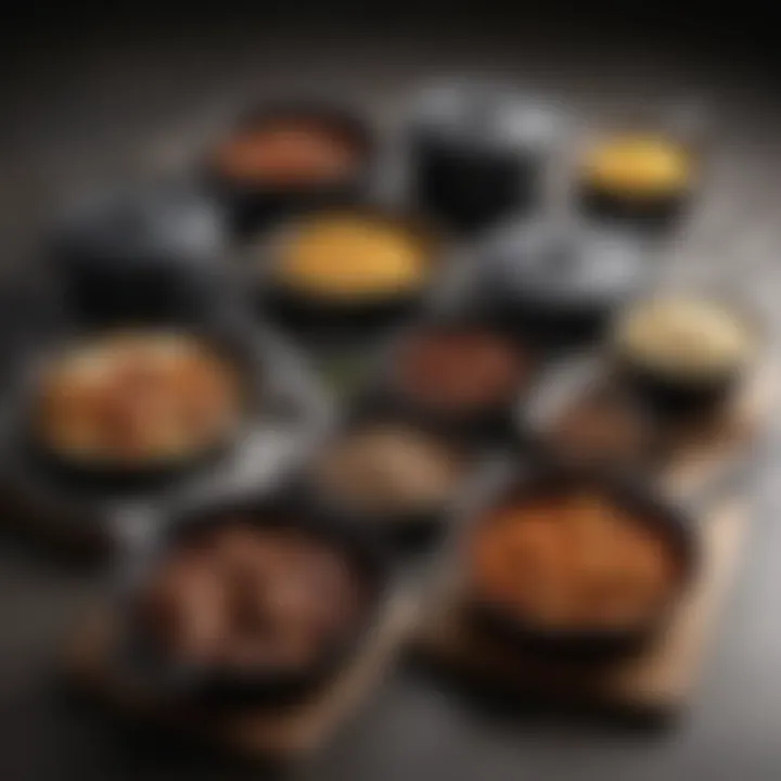 A selection of cast iron cookware sets arranged to show various sizes and shapes.