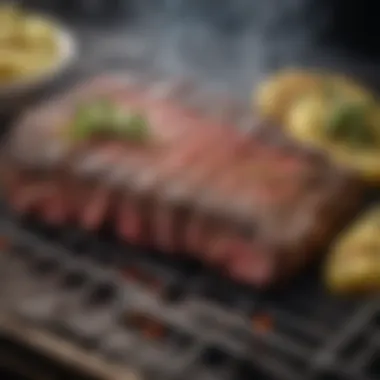 Sizzling Wagyu hanger steak on a grill, capturing the aroma and juiciness