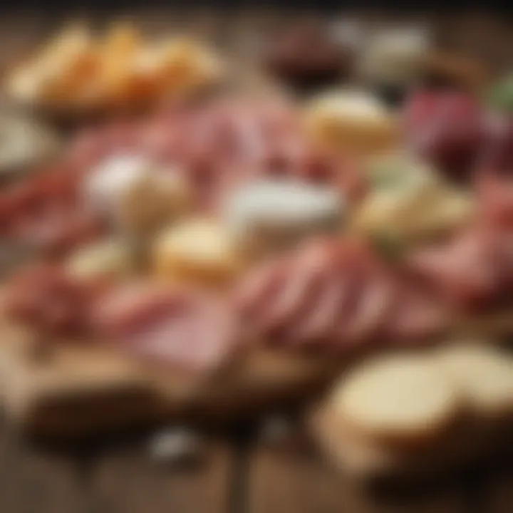 An assortment of meats and cheeses on a rustic table