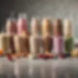 Variety of pre-made protein shakes displayed on a table