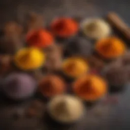 A beautifully arranged display of various spices used in cake mixes, showcasing their vibrant colors and textures.