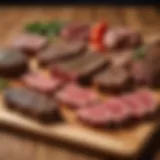 Variety of steak cuts displayed on a wooden board