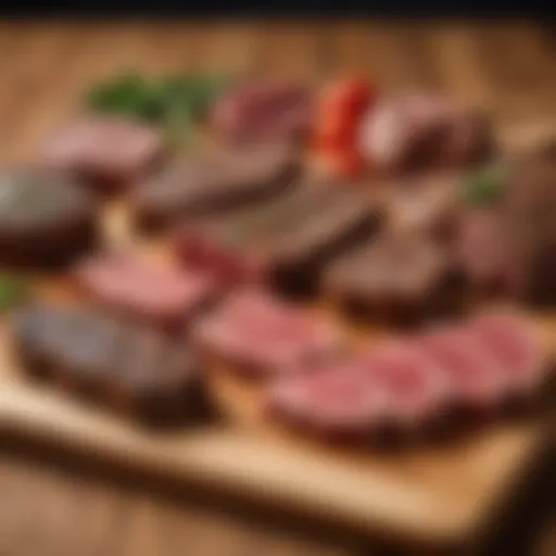 Variety of steak cuts displayed on a wooden board