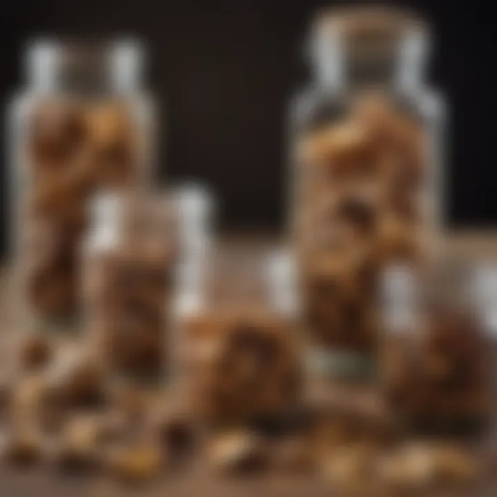 Dehydrated mushrooms stored in glass jars