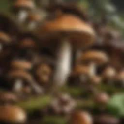 A variety of fresh mushrooms displayed in a natural setting